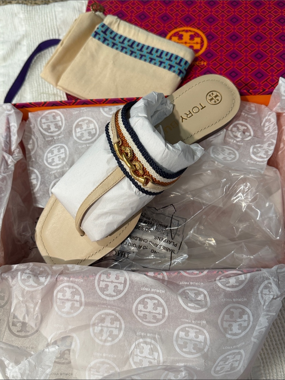 Tory Burch Beige Leather Thong Sandals with Decorative Straps